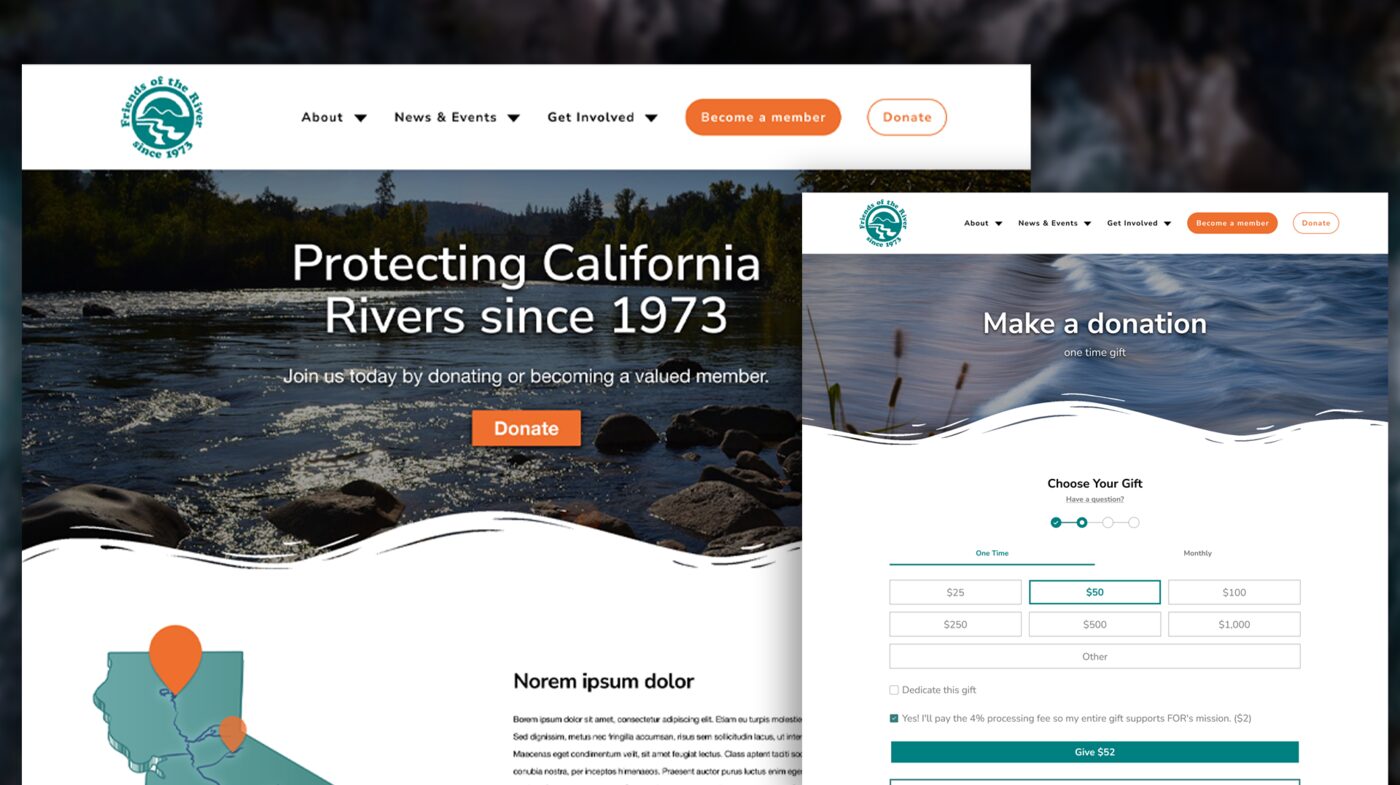 Friends of the River homepage and donation portal shown together