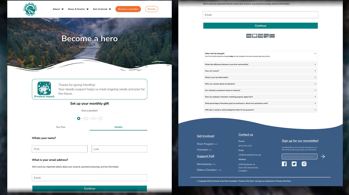 New Become a hero monthly giving page with a name and email form and an FAQ accordion