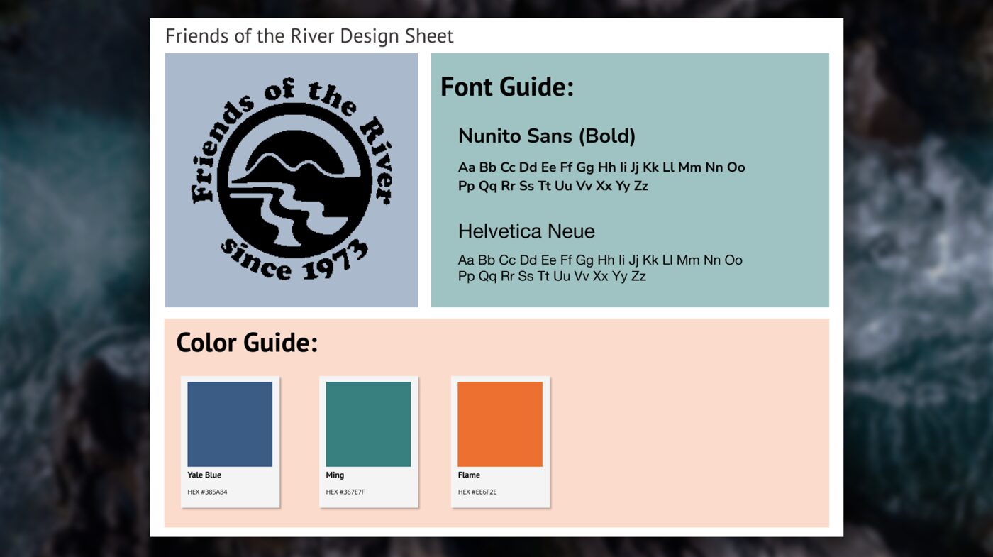 Friends of the River brand guide sheet showing the logo, font guide, and color guide