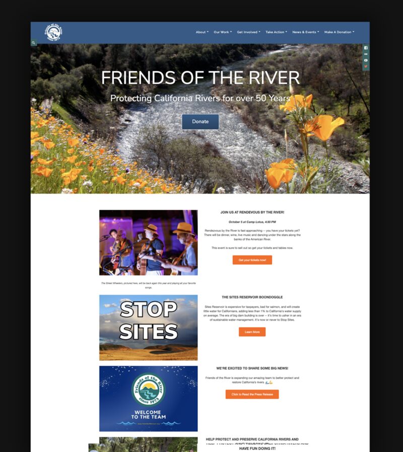 Old live Friends of the River homepage with a six-item navigation menu
