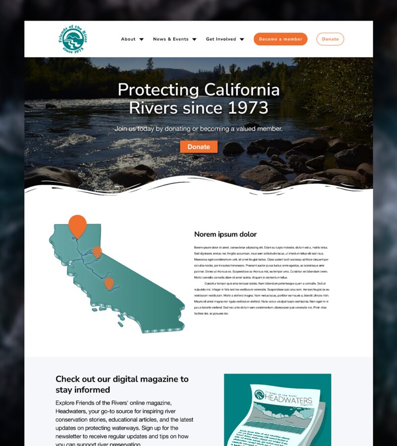 Proposed Friends of the River homepage redesign with simplified navigation