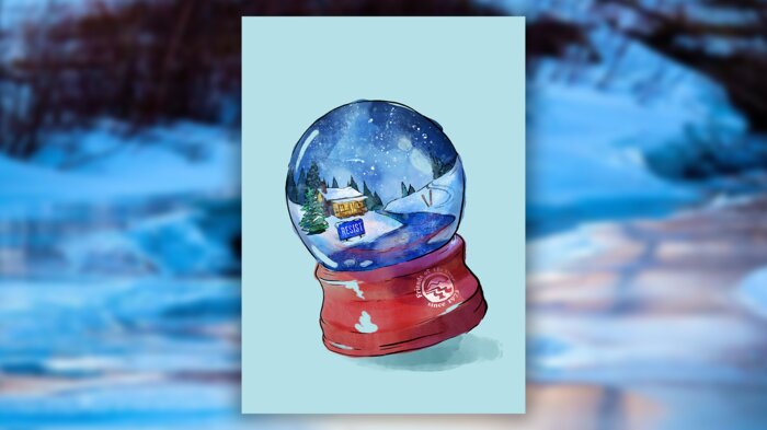 Custom illustrated holiday card featuring a snow globe scene with a RESIST sign