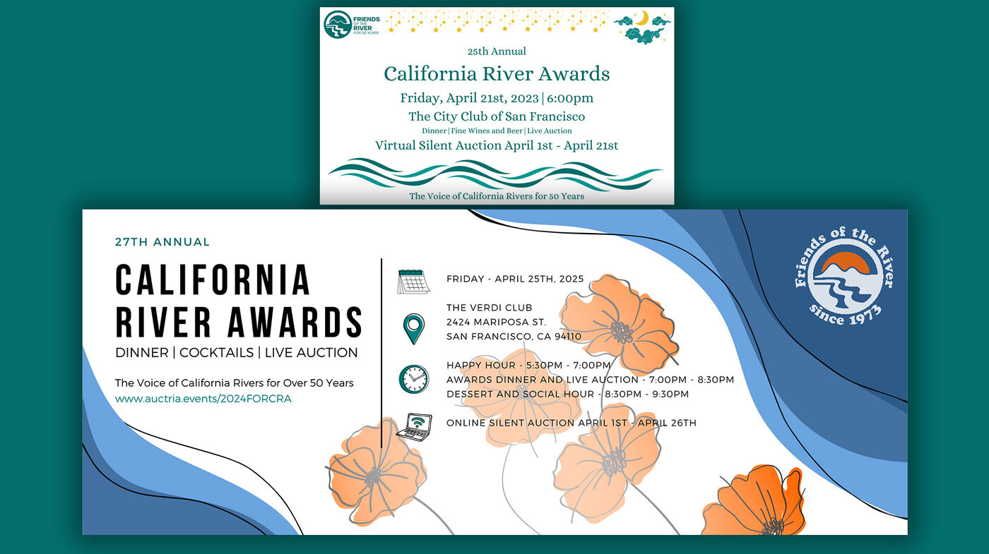 Event banner comparison, old gala-generic design on top and new California poppy design on bottom