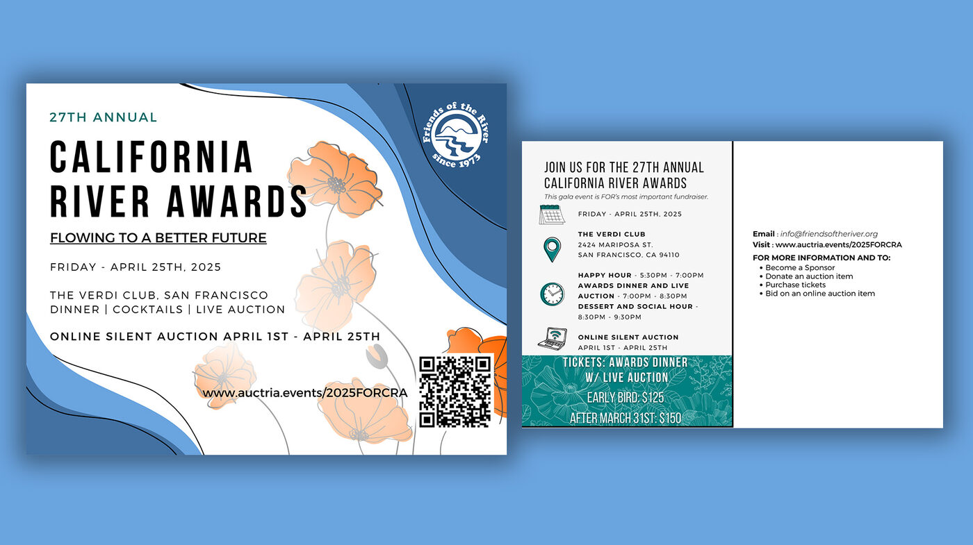 New event postcard, front and back, with California poppy illustrations and event details