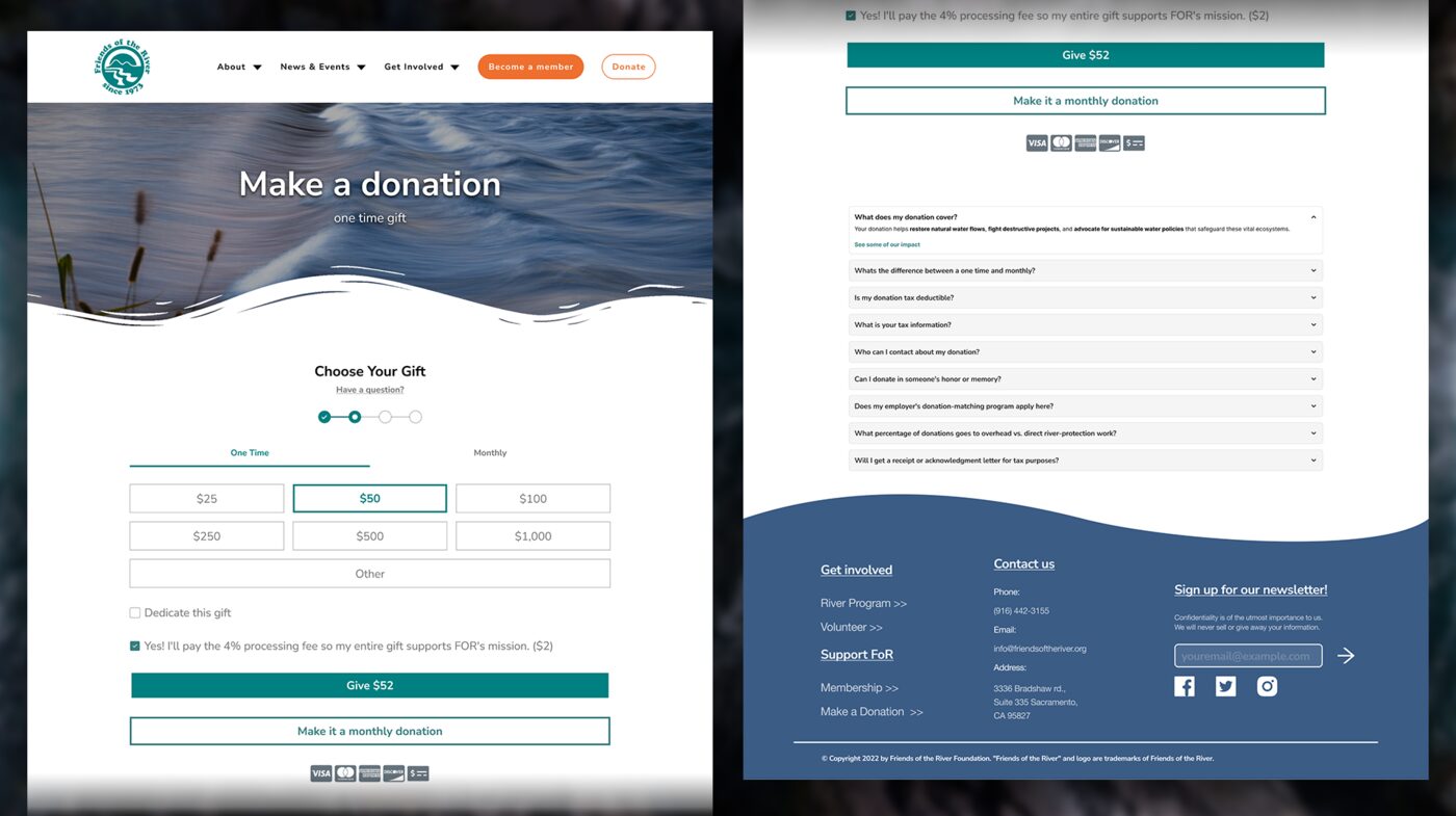 New Make a donation page with One Time and Monthly tabs, preset amounts, and an FAQ accordion