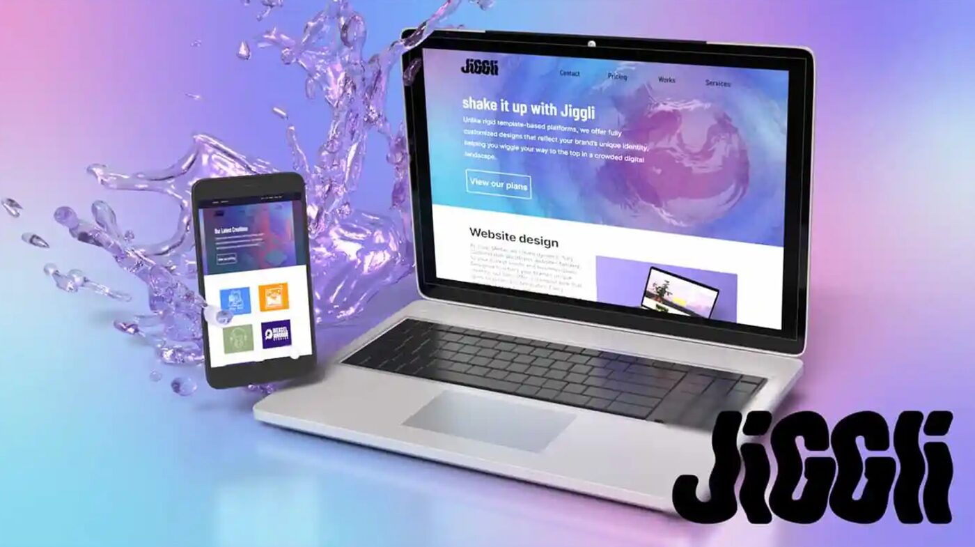 Jiggli Media homepage shown on laptop and phone, with the Jiggli logo