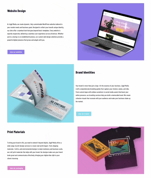 Website Design, Brand Identities, and Print Materials sections, each with a project image that animates on hover