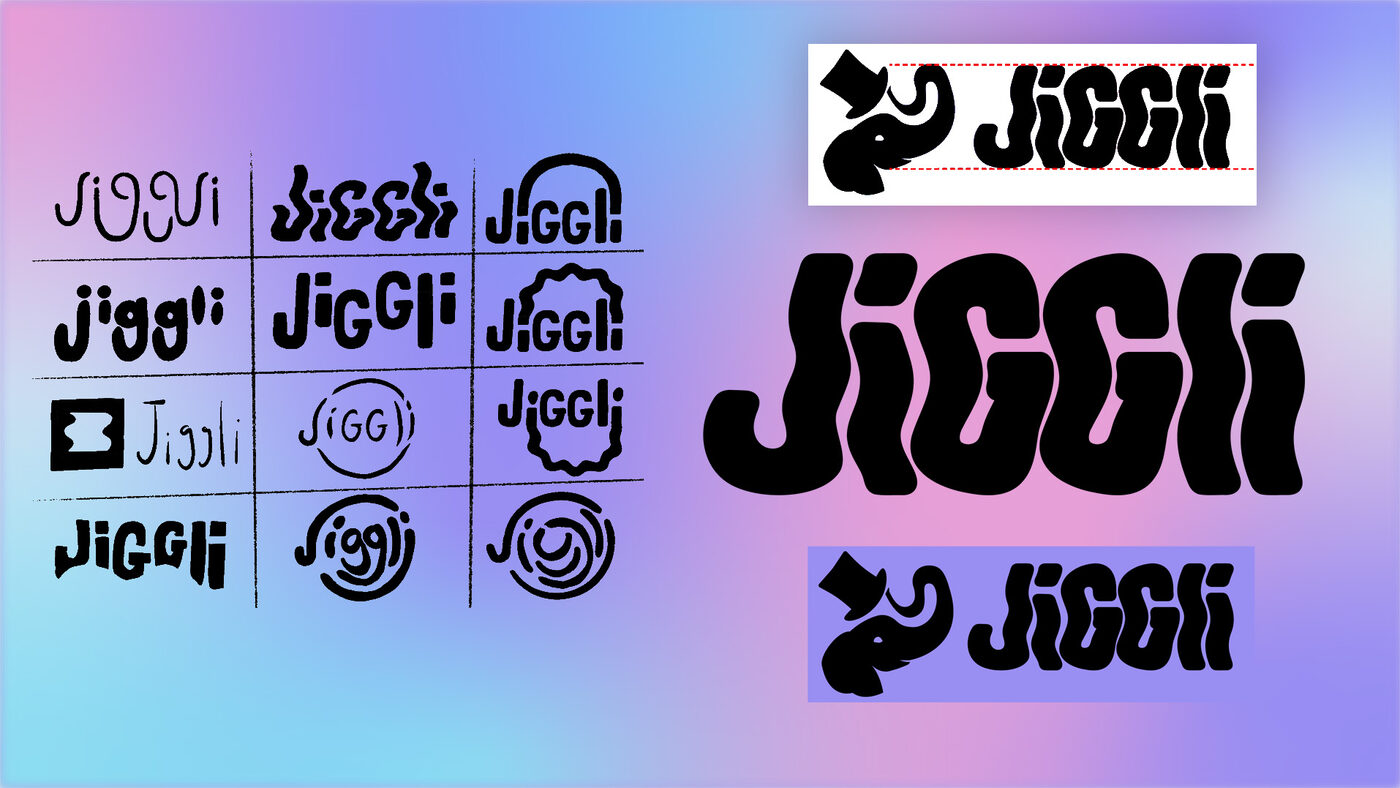 Jiggli wordmark exploration grid showing many typographic directions, with the final logo lockup