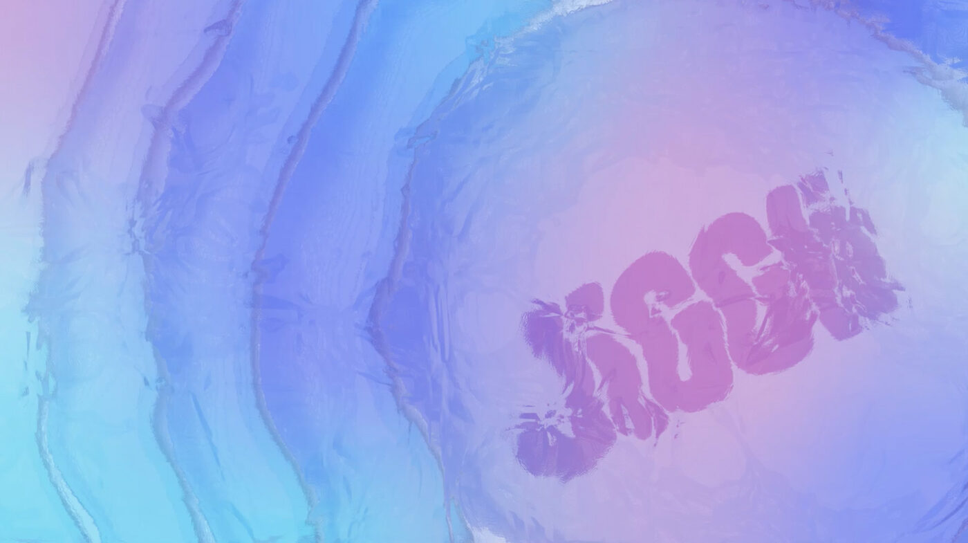 Still frame of the 3D hero animation — rippling water forming the Jiggli wordmark