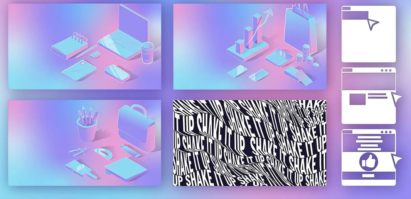 Landing page motion graphic panels — isometric icons and a repeating 'shake it up' text pattern