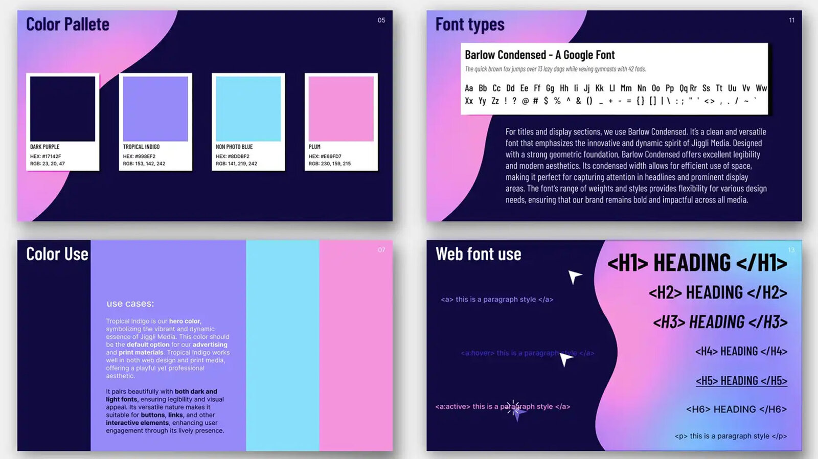 Brand guide spread showing the color palette, font pairing, and web font usage