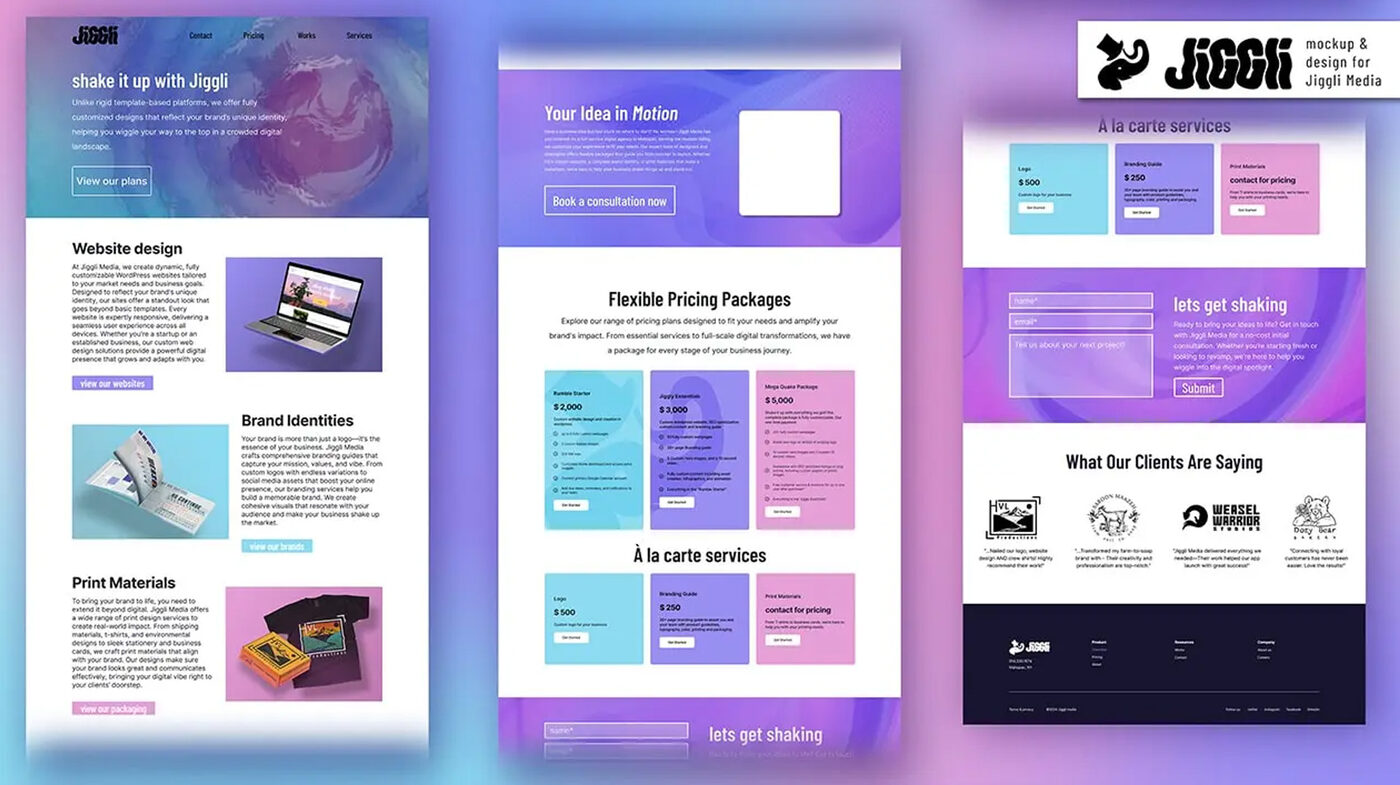 Portfolio-section design showing website design, brand identity, and print material service categories