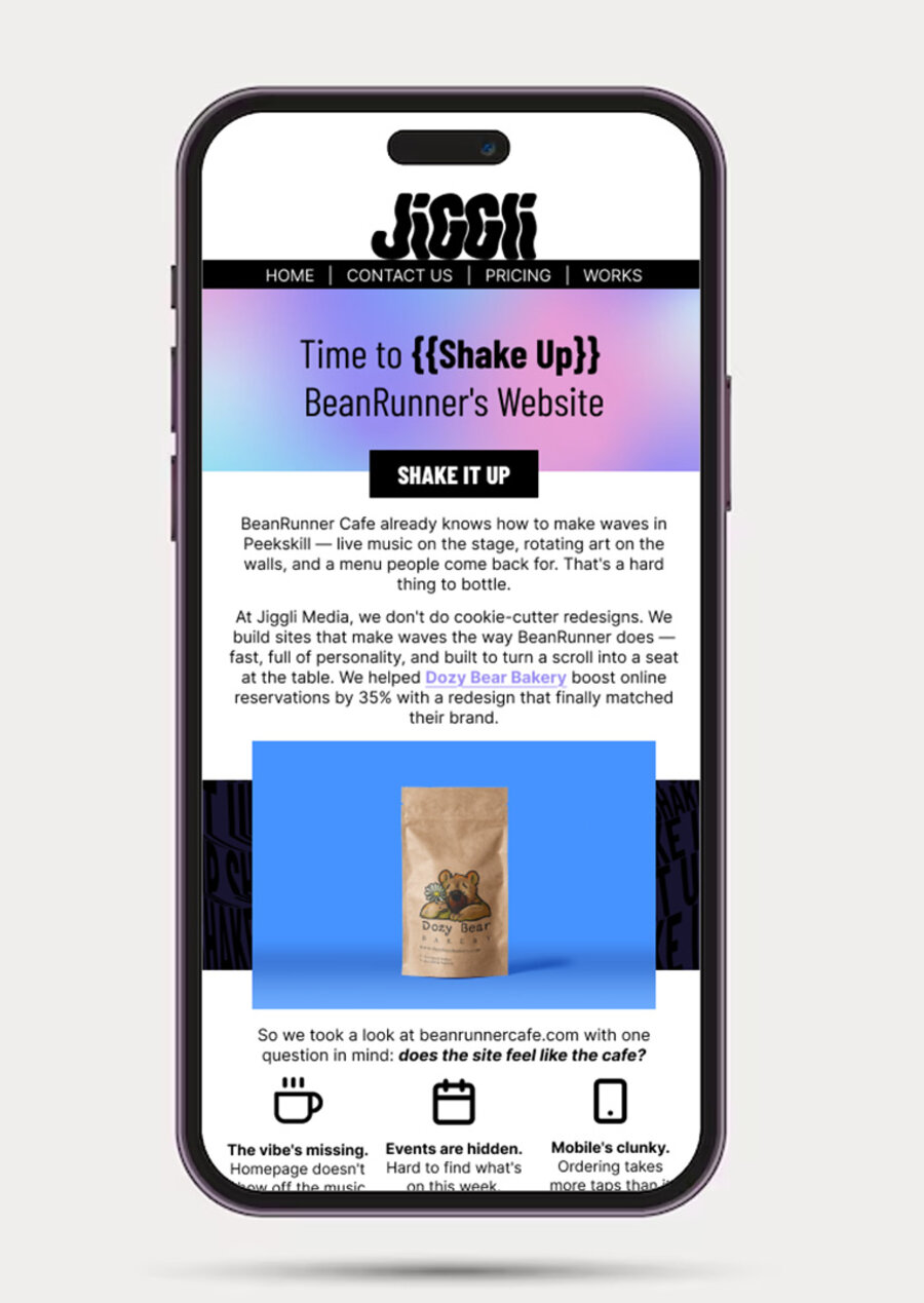 Personalized outreach email in Jiggli Media's brand voice, pitching a website redesign to a Peekskill café and citing a 35% reservation increase from a past project as social proof