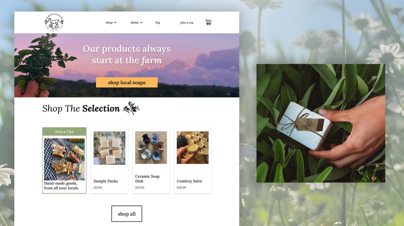 Saboon Maazeh Figma website design and a hand holding wrapped soap in a garden setting