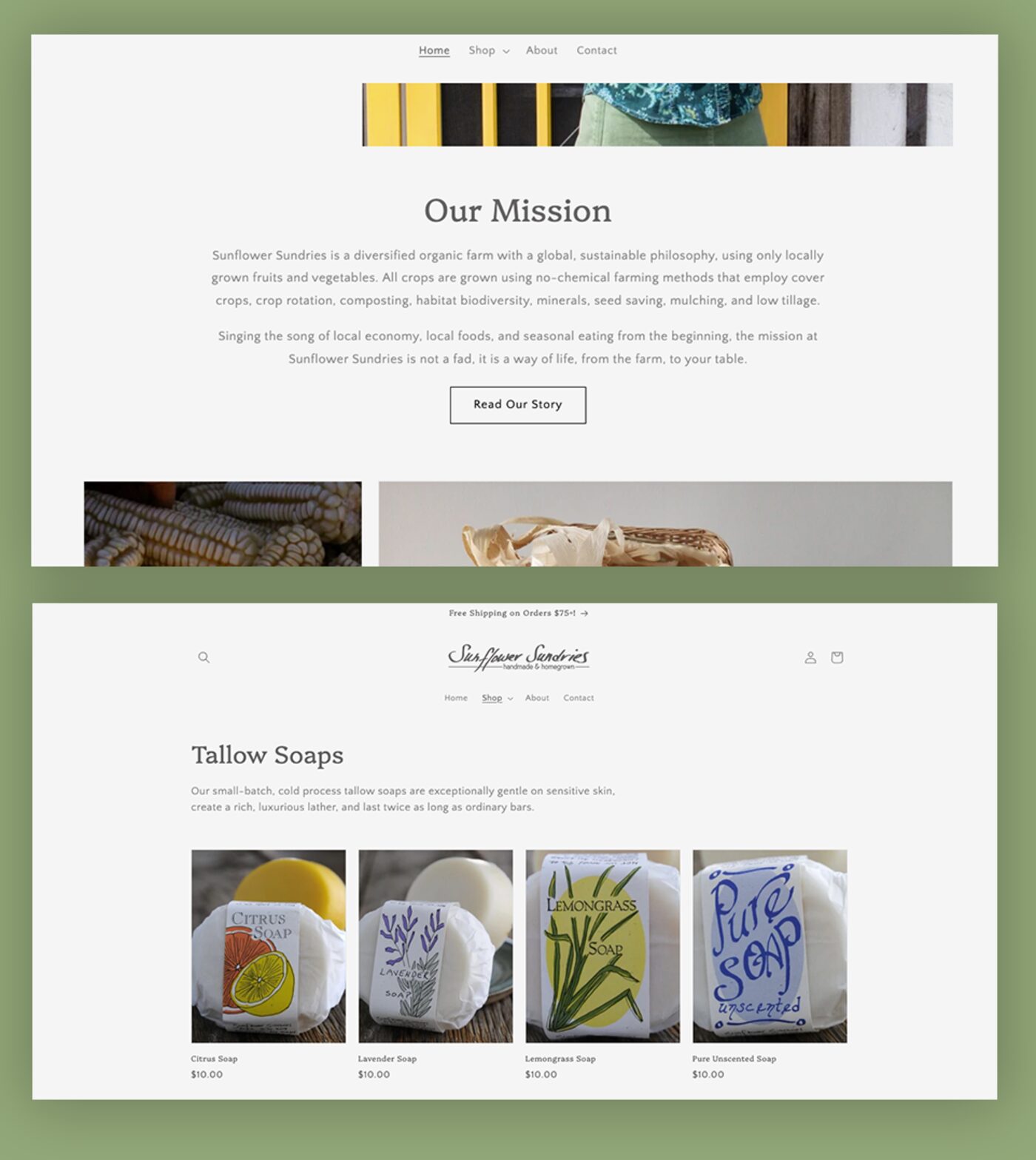 Sunflower Sundries homepage and product grid screenshots