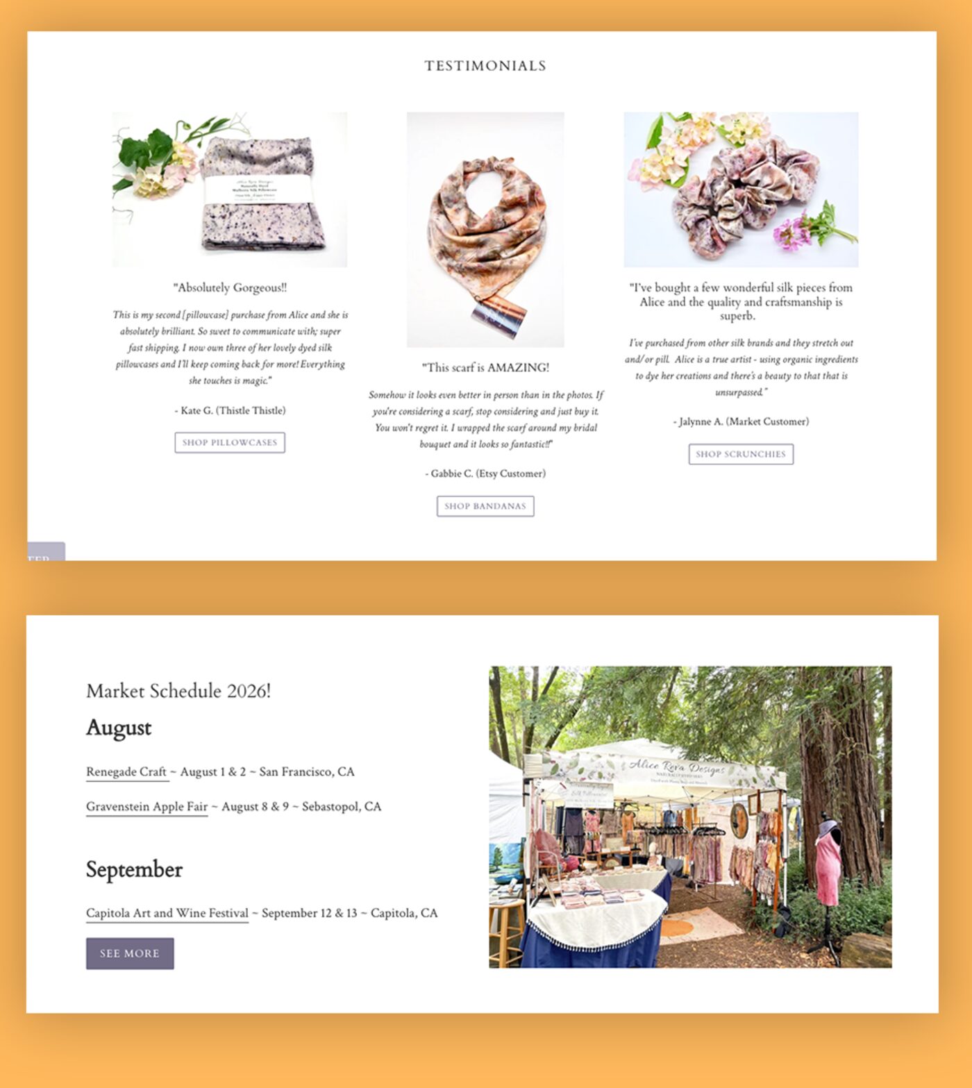Alice Reva Designs testimonials and market schedule screenshots