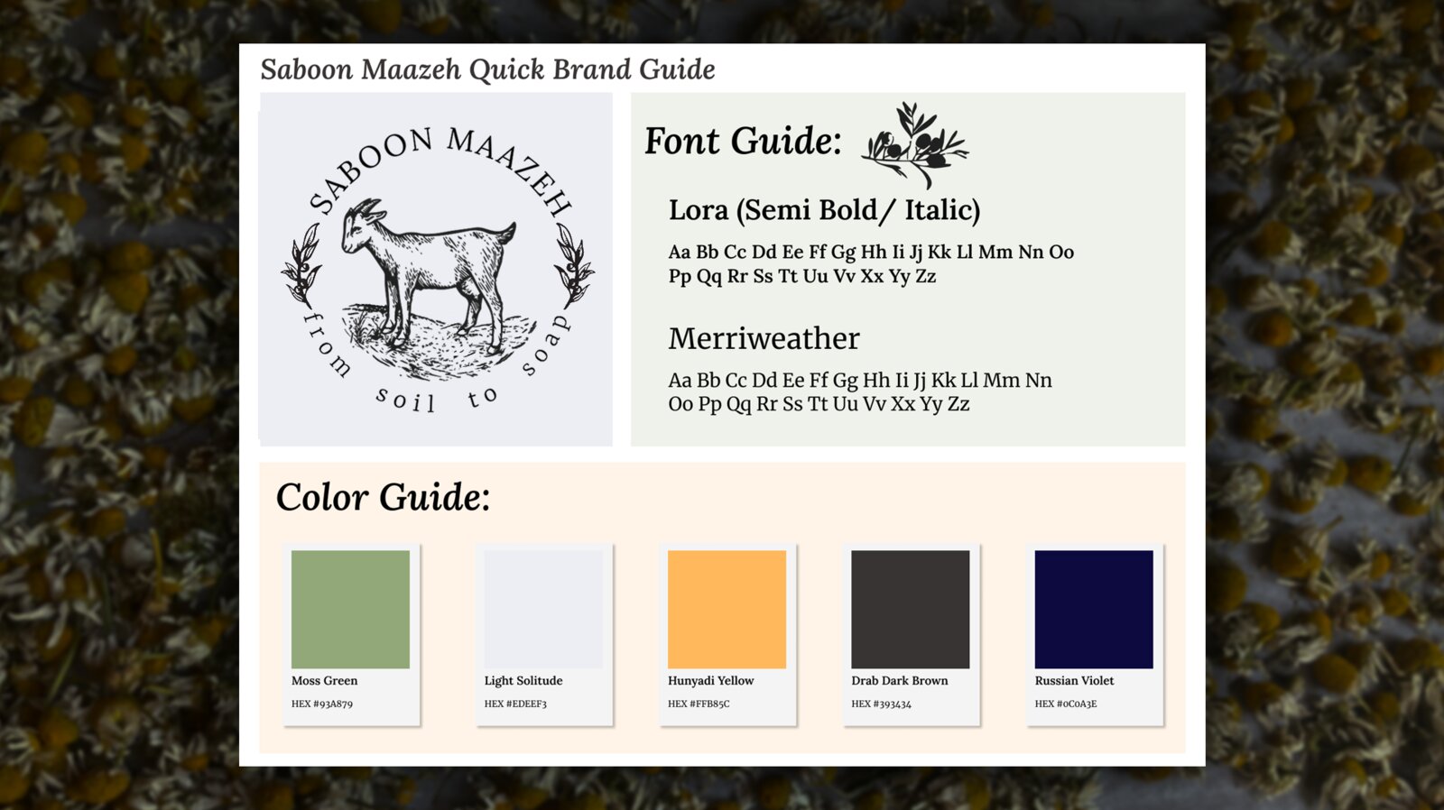 Saboon Maazeh quick brand guide showing font pairing and full color palette with hex values
