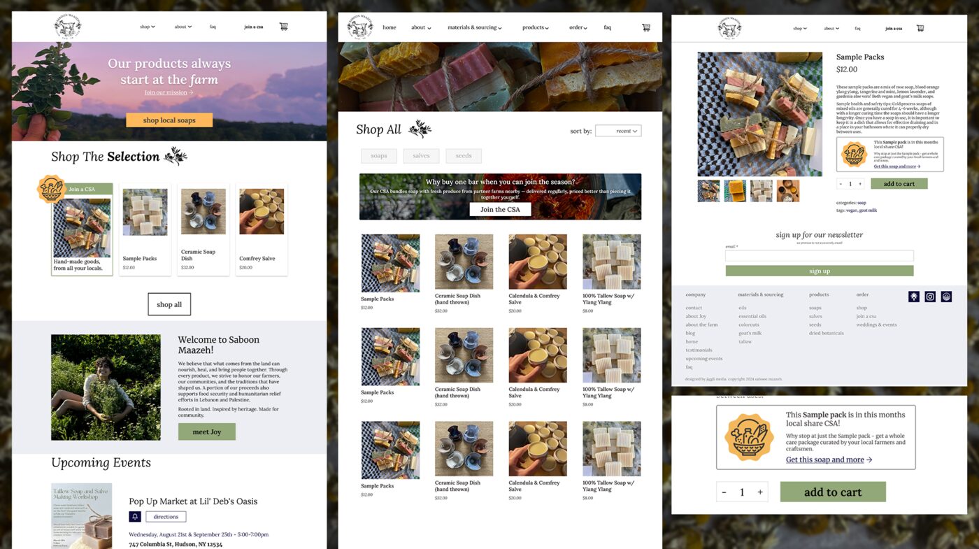 CSA emphasis shown across the site: homepage, shop-all page, and product detail page