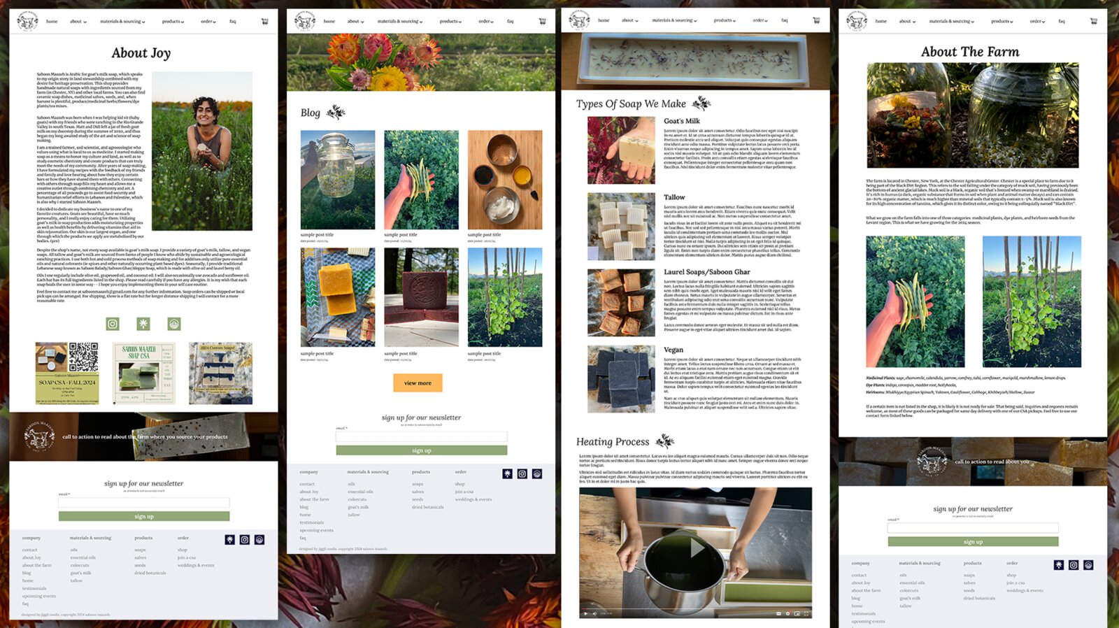 Figma mockup screens: About Joy, Blog, product-type pages, and About the Farm