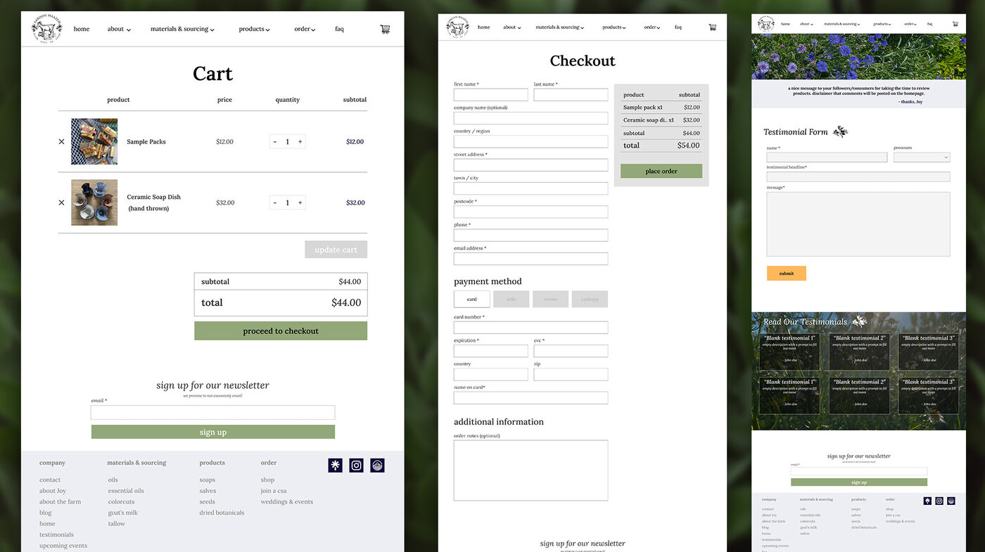 Prototype flow: cart, checkout, and mobile testimonial screens