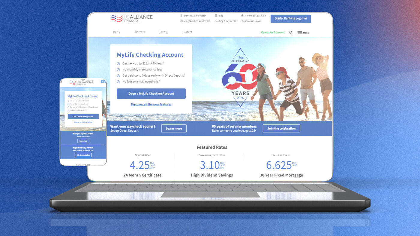USALLIANCE Financial MyLife Checking Account page on laptop and phone