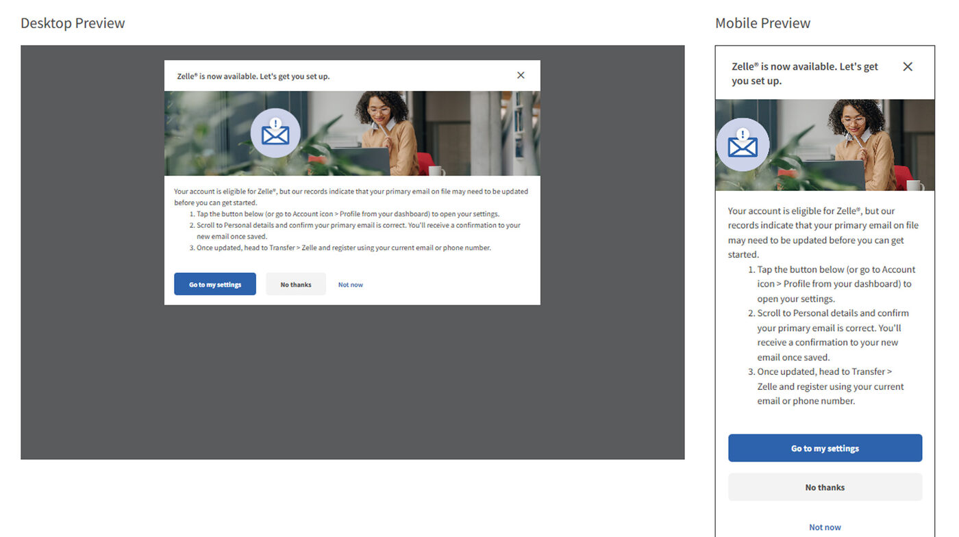 Zelle login interstitial, desktop and mobile preview
