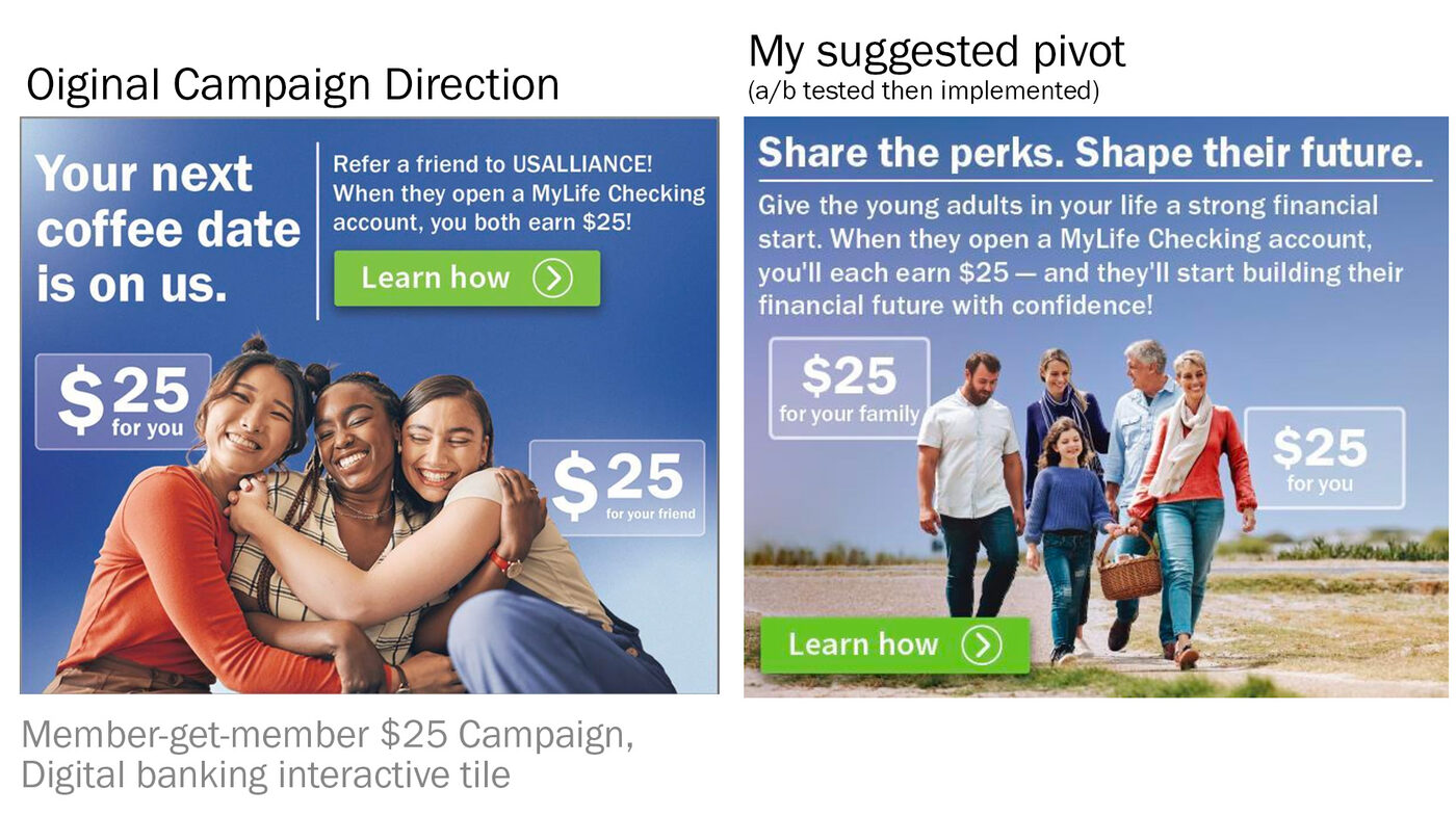 Refer-a-member campaign creative, original direction vs. the reframed pivot