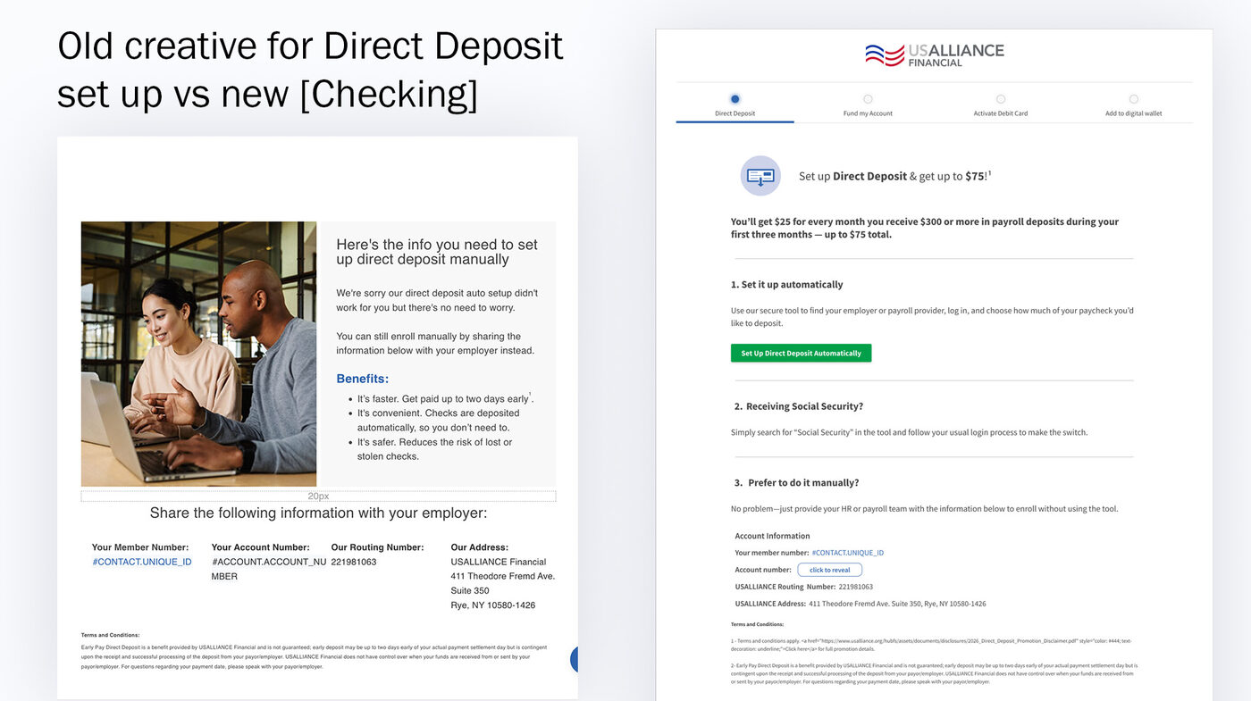 Old Direct Deposit setup creative versus the new Checking onboarding flow