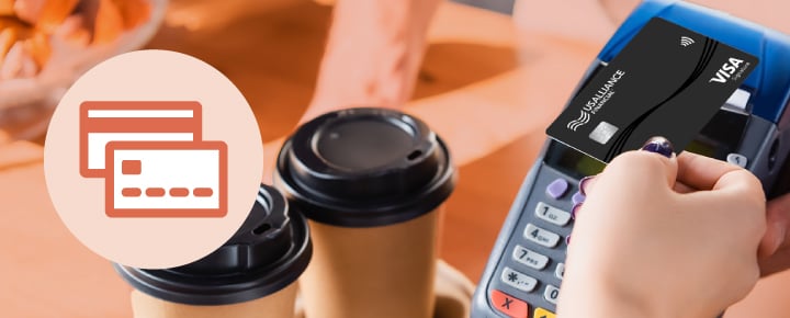 Old credit card banner with coral icon circle