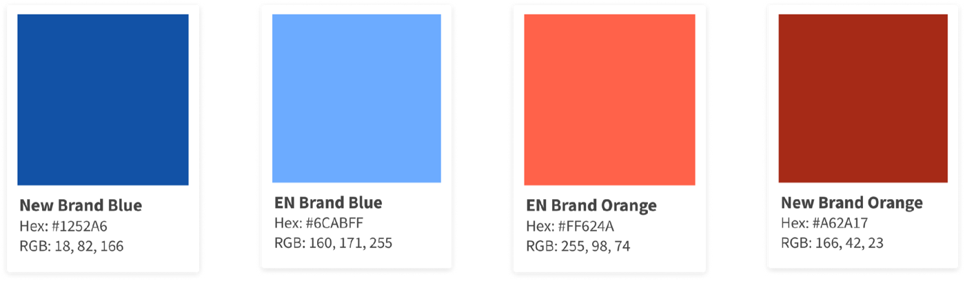 New brand palette swatches: New Brand Blue #1252A6, EN Brand Blue #6CABFF, EN Brand Orange #FF624A, New Brand Orange #A62A17