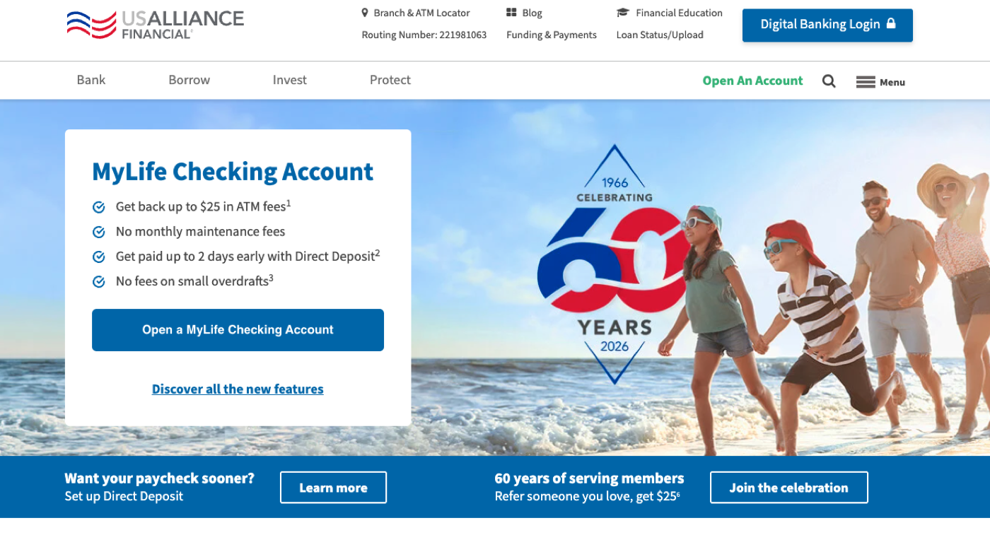 Old MyLife Checking homepage hero with a boxed text panel over a beach photo