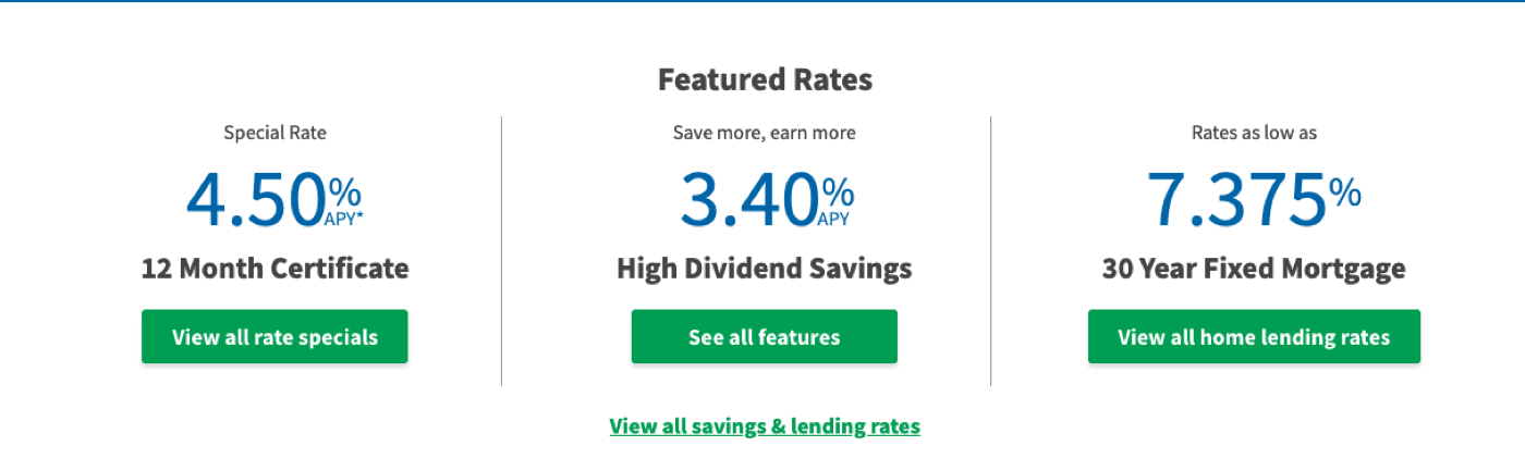 Old static Featured Rates bar with three rates and green buttons