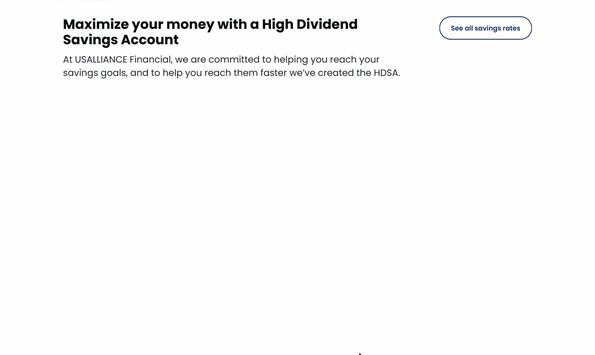 Animated HDSA deep-dive module: the 3.40% APY rate card and an interactive savings calculator fade up into place
