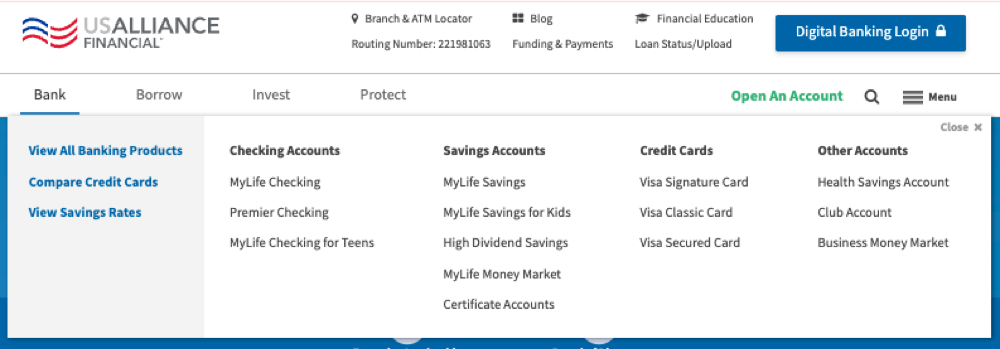 Old Bank mega menu with long lists of account links