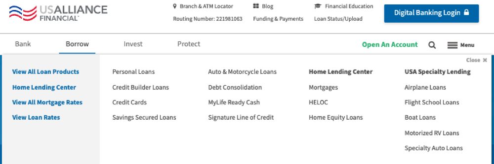 Old Borrow mega menu with long lists of loan links
