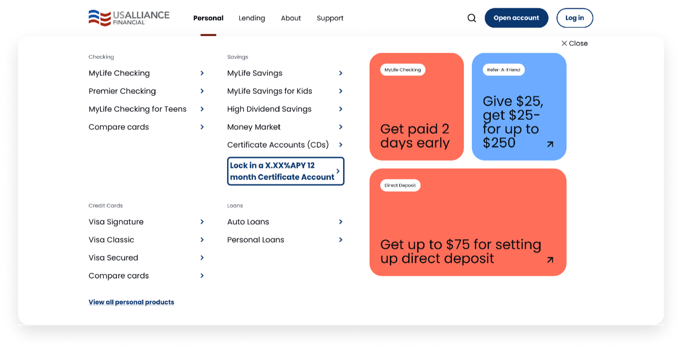 New Personal mega menu grouping checking, savings, credit cards, and loans, with promo tiles for MyLife Checking, Refer-a-Friend, and Direct Deposit
