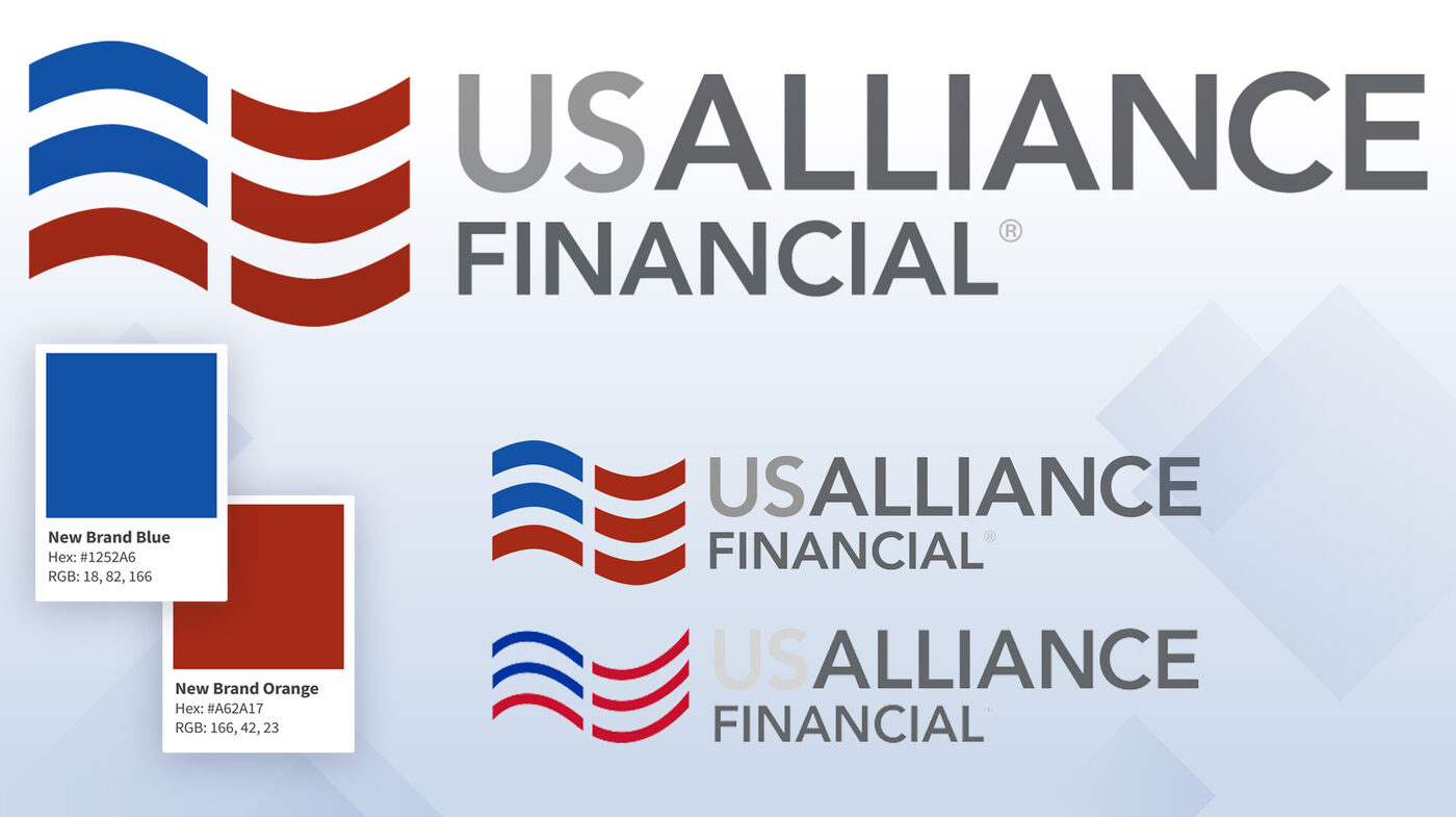 USALLIANCE logo before and after the brand refresh, with new brand blue and orange swatches