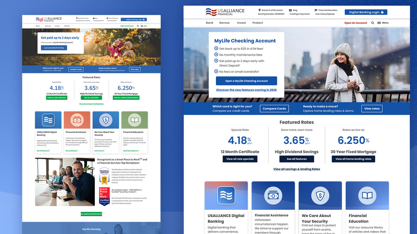 USALLIANCE homepage before and after the design system rebuild